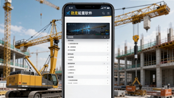 劲龙起重软件界面预览图，展示一台大型黄色起重机的设备详情页，背景为模糊的现代建筑工地，画面主体突出，色彩鲜明，科技感与工业感结合，竖版手机界面展示