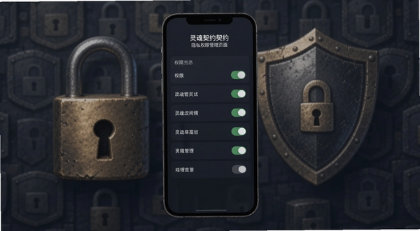 灵魂契约隐私权限管理页面,手机屏幕显示权限列表与开关按钮,背景为安全锁与盾牌元素,画面色调沉稳,手机位于画面中心