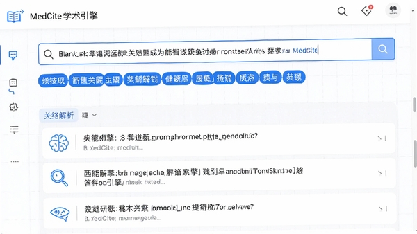 MedCite学术引擎的语义检索功能界面,搜索框内输入长句问题,下方展示智能解析出的关键词标签与匹配结果列表,界面以白色与蓝色为主,图标风格线性简约,背景为淡色网格
