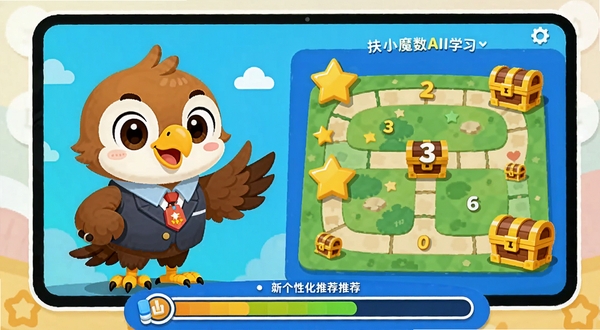 扶小鹰魔数AI学习界面,屏幕左侧是可爱的卡通小鹰老师正在讲解,右侧展现不同难度的数学闯关地图,地图上有数字星星和宝箱,下方有智能进度条显示个性化推荐,色彩明亮,扁平化设计风格