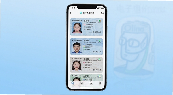 个人电子身份证件 手机应用主界面 展示电子证件卡片列表 居中构图 浅蓝色渐变背景 简洁扁平化风格 高清UI设计图