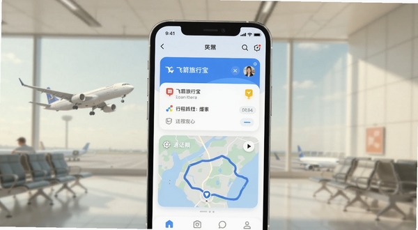 画面主体为一款智能手机界面，屏幕中央显示飞箭旅行宝的行程卡片与地图轨迹，背景是简约的机场候机厅与窗外起飞的客机轮廓，整体色调以浅蓝与暖白为主，突出移动端行程管理场景，画面干净通透，适配Boogu模型生成