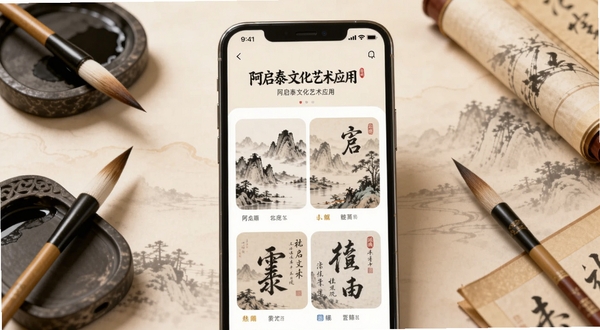 画面主体为一部智能手机屏幕,屏幕上显示着阿启泰文化艺术应用的首页界面,界面中展示着精美的中国传统山水画和书法作品缩略图,背景区域为淡雅的水墨晕染风格,整体色调柔和温暖,手机周围散落着毛笔、砚台和卷轴等文化元素,画面构图居中,适配Boogu模型生成。