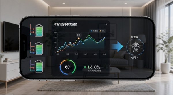 储能管家实时监控功能界面,手机屏幕中显示动态折线图与环形电量图,画面左侧为电池组图标,右侧为电网交互箭头,背景为智能家居环境,整体风格简洁现代,突出数据可视化效果