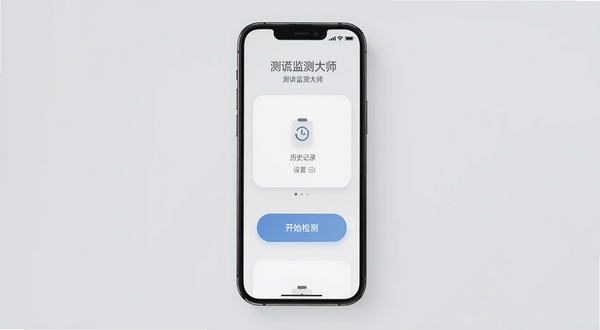 测谎监测大师操作界面展示，手机屏幕呈现简洁的卡片式布局，包含开始检测按钮、历史记录图标和设置入口，背景为浅灰色，整体色调柔和，突出测谎监测大师的易用性设计