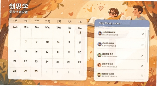 创思学 学习计划设置页面,展示日历视图与每日任务列表,背景为暖色调的鼓励性插画