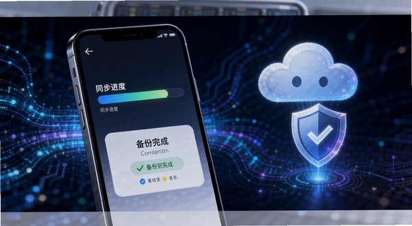 灵魂契约数据同步与备份功能示意图,手机屏幕显示同步进度条与备份完成提示,背景为科技感数据流线条,画面中心偏左放置手机,右侧漂浮云朵与盾牌图标