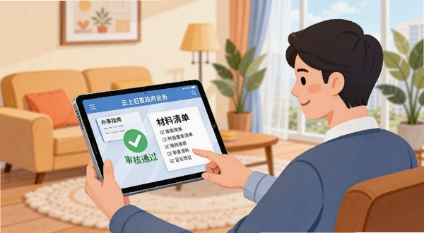 插画展示一位市民正在家中通过平板电脑使用云上石首办理政务业务,屏幕上显示办事指南与材料清单,旁边有对勾图标表示审核通过,背景是温馨的客厅环境,画风扁平化,强调足不出户的便捷性。