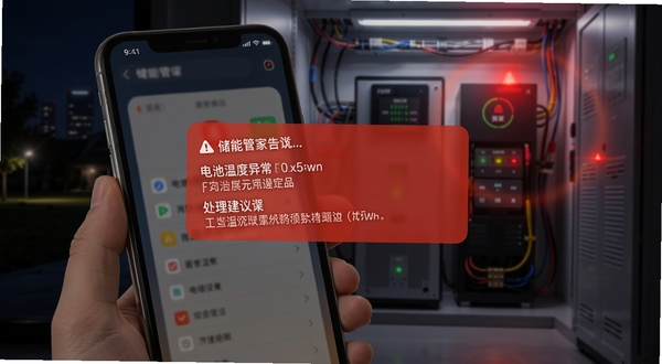 储能管家告警推送功能展示,手机屏幕弹出红色告警通知卡片,卡片上显示电池温度异常与处理建议,背景为夜晚家庭储能设备间,画面带有警示光效,突出安全提醒的紧迫感