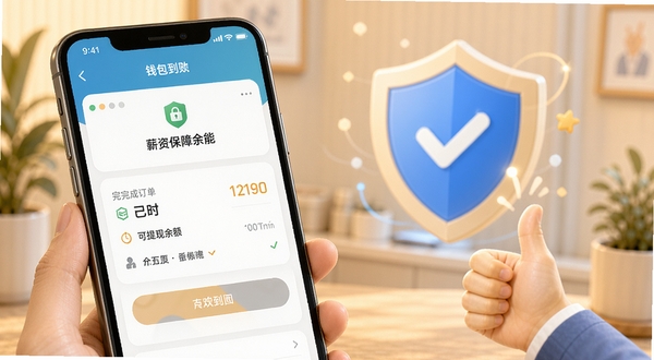 零时工软件薪资保障功能展示图,画面为手机端钱包到账通知界面,显示已完成订单和可提现余额,背景有盾牌安全图标与赞许手势,风格温馨可靠