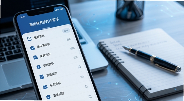 职场商务技巧小帮手 更新日志界面 手机屏幕显示版本更新列表 背景为简洁办公桌面 有笔记本与钢笔 冷色调 科技感
