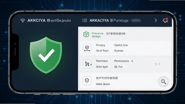 AKKSIYA安全检测界面,显示隐私风险扫描结果和权限管理列表,手机界面带有绿色安全盾牌图标,背景为深蓝科技感,画面专业可靠