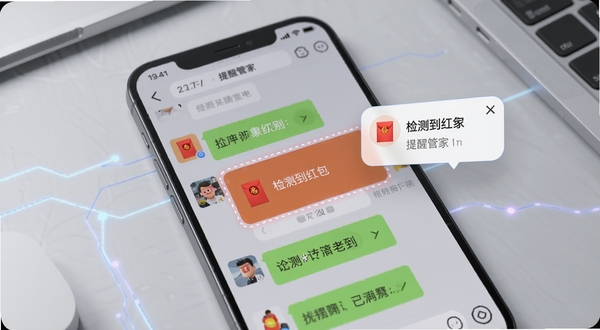 来红包提醒管家智能识别红包消息的功能展示图,画面主体为手机屏幕特写,屏幕上显示社交聊天界面中一条红包消息被高亮标注,旁边弹出提醒管家的小窗口显示“检测到红包”字样,背景为简洁的浅灰色工作台面,整体科技感与实用性并重
