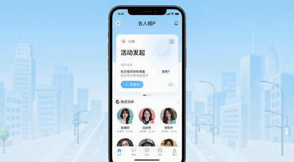 去摇人APP首页界面全貌展示，画面中央是活动发起卡片与附近玩伴头像列表，背景为浅蓝色渐变城市街景，整体风格清爽现代，突出社交组局氛围