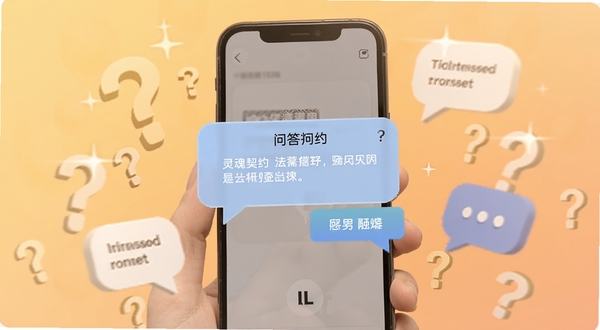 灵魂契约用户问答场景示意图,画面展示手机屏幕弹出问答对话框,周围有问号与对话气泡元素,背景为柔和暖色渐变,突出互动交流氛围