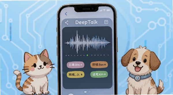动物翻译器DeepTalk声纹分析功能界面,手机屏幕显示波形图与情绪标签,旁边有猫咪和狗狗的卡通形象,背景为浅蓝色科技感渐变,简洁明快,细节丰富,适配Boogu模型生成