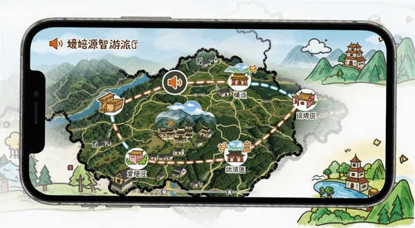 爱婺源智慧旅游功能界面,手机屏幕显示婺源景点分布地图,有路线规划线条连接各景点图标,并配有语音播放小喇叭标识,背景为实景地图与手绘卡通风格结合,色彩清新醒目