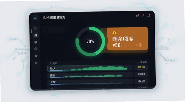 探小钱预算管理页面,显示环形进度图,绿色部分占70%,橙色警示文字提示剩余额度,下方列表展示餐饮、购物等分类的预算条,背景为深色主题,高亮显示数据区域,整体界面现代扁平化,强调数据可视化效果,周围有简洁的科技感线条装饰