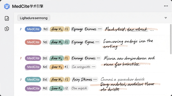 MedCite学术引擎的书签与笔记界面,屏幕中显示一个文献收藏夹列表,每条记录带有彩色标签和手写风格笔记,背景为纯色浅灰,简约清爽