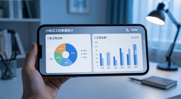 小佑记工时数据统计页面展示,手机屏幕呈现饼状图与柱状图工时分析,背景为简洁书房环境,冷色调光线,科技感与实用感结合,高清细节