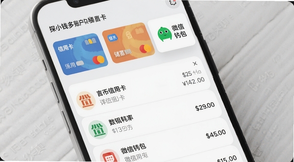 探小钱多账户切换界面,显示信用卡、储蓄卡、微信钱包三个卡片,点击信用卡后展开详细流水列表,每笔交易有商户图标和金额,背景为浅灰色纹理,突出列表的清晰度,UI风格简洁,卡片阴影自然,适合展示移动端数据管理场景