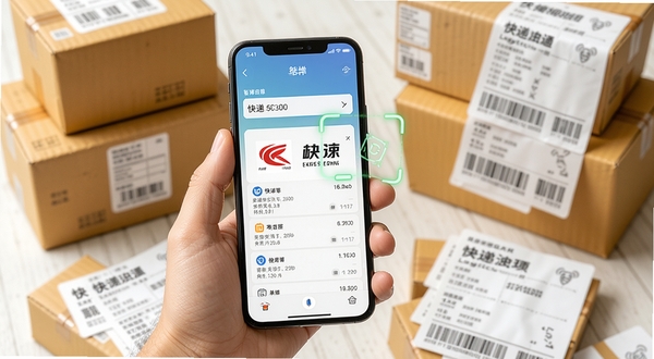 快递寄收查询通智能识别功能展示,画面中一只手拿着手机,手机屏幕上显示输入快递单号后自动弹出快递公司logo和物流信息,背景是堆叠的快递包裹和面单,光线明亮,突出智能识别的便捷性
