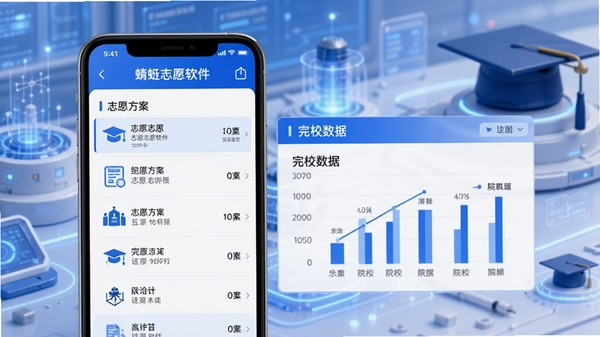 蜻蜓志愿软件主界面预览图,展示高考志愿填报核心功能,背景为现代化的教育科技风格,画面主体为手机屏幕中的志愿方案列表与院校数据图表,色调以蓝色和白色为主,突出专业与信赖感