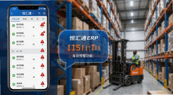 恒汇通ERP库存预警功能展示,画面左侧为手机屏幕显示库存列表与红色预警标识,右侧为仓库货架实景虚化背景,画面中央有醒目的数据提示气泡,整体色调为科技蓝与警示橙搭配,细节清晰,适配Boogu模型生成