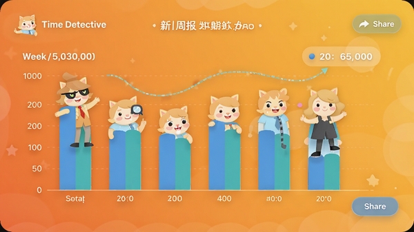 Time Detective 新版本周报功能界面，展示一周时间统计条形图，背景为暖色渐变，图表数据清晰，带有分享按钮，整体风格明亮友好