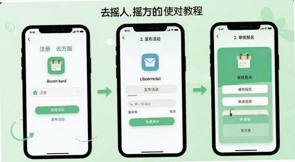 去摇人官方版使用教程示意图，画面为手机屏幕分步展示注册、发布活动、审核报名三个步骤，背景为浅绿色清新风格，图标扁平化设计，适配Boogu模型