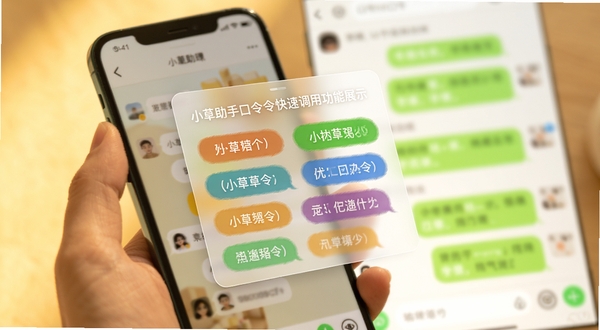 小草助手口令 口令快速调用功能展示,画面中一只手拿着手机,手机屏幕上悬浮着一个半透明的口令面板,面板上排列着多个彩色口令标签,背景是模糊的聊天界面,整体色调温暖明亮
