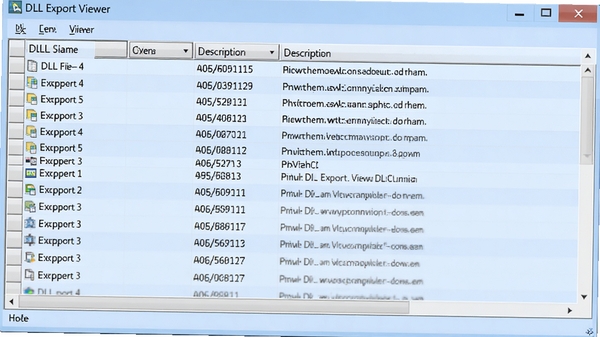 一款名为DLL Export Viewer的系统工具软件界面截图,主窗口显示一个表格,列出了多个DLL文件的导出函数名称、地址和描述信息,界面风格简洁清晰,背景为淡蓝色调,整体呈现专业的技术分析软件氛围