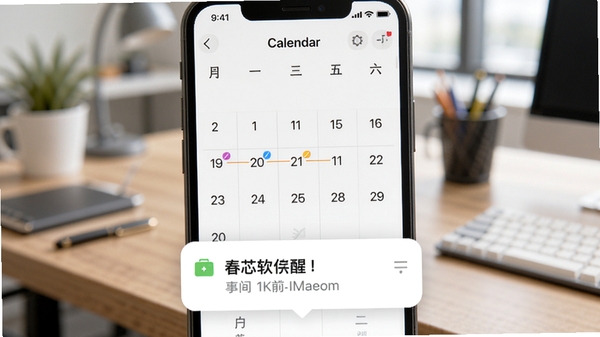 春芯软件的日程提醒功能预览,手机屏幕上显示一个日历视图,某个日期上有彩色标记,下方弹出一条提醒通知卡片,显示事项名称和时间,背景为模糊的办公桌场景,整体风格简约现代,突出智能提醒的实用性。