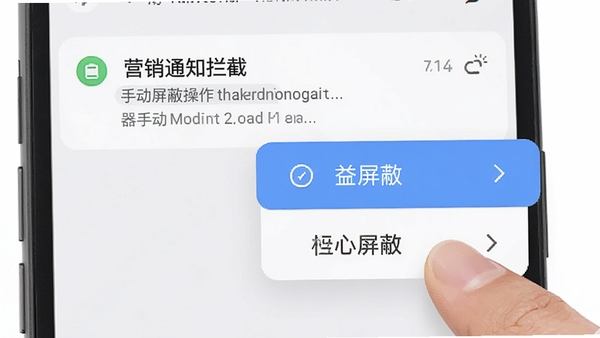 营销通知拦截器手动屏蔽操作演示,手指点击通知栏消息,弹出屏蔽选项菜单,界面简洁易懂,浅色背景