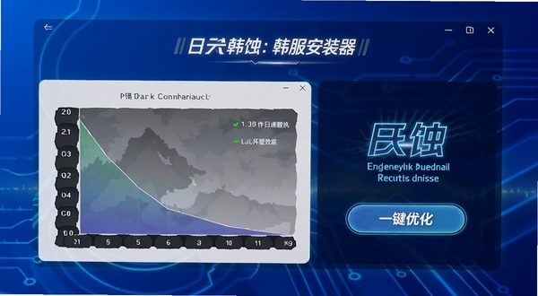 日蚀：觉醒韩服安装器智能优化功能界面，画面展示网络延迟对比图表与一键优化按钮，背景为科技蓝渐变，突出加速效果