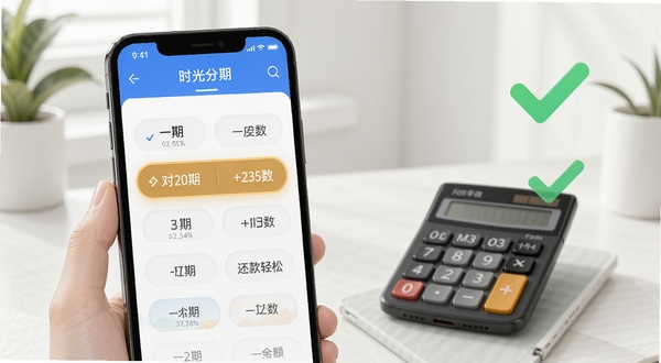 手机界面展示时光分期APP的分期方案选择页面，屏幕上并列显示多个月供金额与期数标签，其中一期被高亮选中。手机背景为简洁的室内环境，搭配计算器与绿色对勾图标，突出选择自由与还款轻松的特点。
