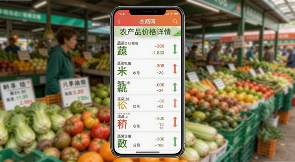 农商网APP内农产品价格详情页截图,显示多种蔬菜水果的价格列表和涨跌趋势箭头,界面设计简洁清晰,背景为模糊的农产品市场摊位,色彩鲜艳,突出数据直观性,画面主体为手机界面,背景环境虚化