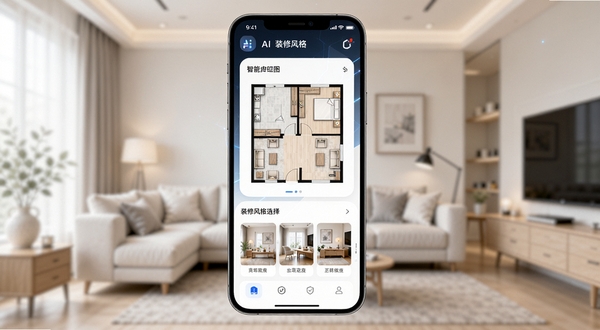 Deep装修设计AI app主界面展示智能户型图与装修风格选择列表,手机屏幕居中,背景为浅色家居环境虚化图,整体科技感与生活感融合