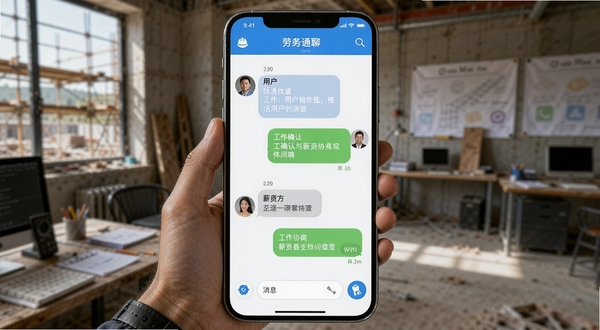 劳务通聊天气泡界面,展示找活用户与用工方对话内容,屏幕中呈现工作确认与薪资协商场景,背景为工地办公室环境,画面中心突出劳务通消息沟通功能