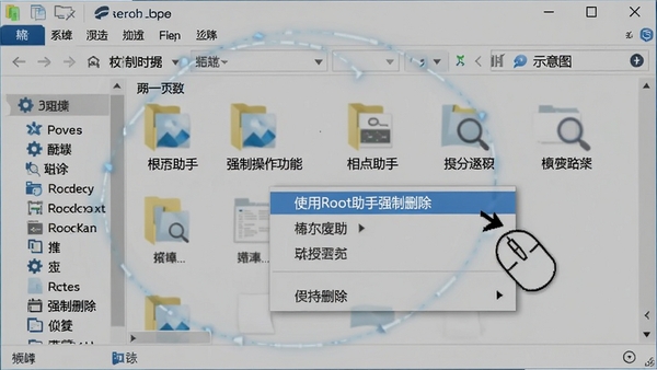 Root助手文件强制操作功能示意图，鼠标右键菜单弹出包含“使用Root助手强制删除”选项，背景为文件资源管理器，画面突出操作便捷性