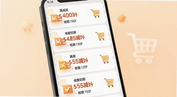 拼拼实惠购物优惠券聚合功能展示图,手机屏幕特写占据画面中央,屏幕内多条优惠券卡片纵向排列,每张卡片标注满减金额和有效期,背景为柔和渐变浅橙色,画面右侧漂浮半透明购物车图标,整体风格简洁现代