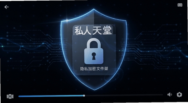 私人天堂影片播放器 隐私加密文件夹界面 密码锁图标 深色背景 安全防护概念 科技感光影效果