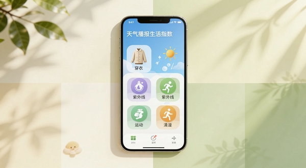 天气预报智能播报生活指数界面,画面中央手机屏幕上显示着穿衣、紫外线、运动等图标,背景是柔和的米白色与浅绿色拼接,画面主体手机位于正中央,背景区域有淡淡的树叶与阳光投影,整体风格温馨生活化,适配Boogu模型生成