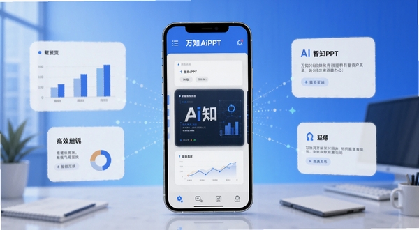 万知AiPPT主界面预览图,画面中央展示手机屏幕中正在生成PPT的界面,背景为渐变蓝色办公场景,包含图表、文字卡片等元素,整体风格现代简洁,突出AI智能与高效办公主题