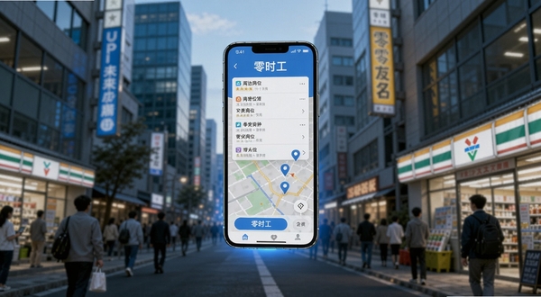 画面主体为一部亮屏的智能手机悬浮于城市街道上方,屏幕中清晰显示“零时工”APP界面,界面内有周边岗位列表与地图定位标记,手机屏幕发出柔和蓝光,背景为模糊处理的写字楼、便利店与忙碌人群,整体色调偏冷蓝与暖黄交织,突显便捷高效氛围,宽屏构图,高细节渲染。