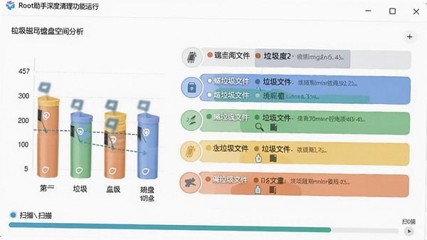 Root助手深度清理功能运行界面，显示磁盘空间分析图表，各类型垃圾文件用不同颜色标注，进度条正在扫描，界面清爽直观
