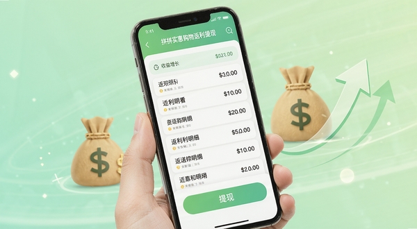 拼拼实惠购物返利提现页面，手机屏幕显示返利明细列表和提现按钮，背景为淡绿色渐变，画面中有钱袋和箭头上升的图标，传达收益增长的视觉感受