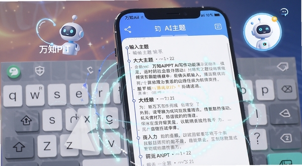 万知AiPPT AI写作功能演示图,手机界面显示输入主题后自动生成的大纲与文本段落,背景配有虚拟键盘和智能助手图标,色调明亮,科技感强