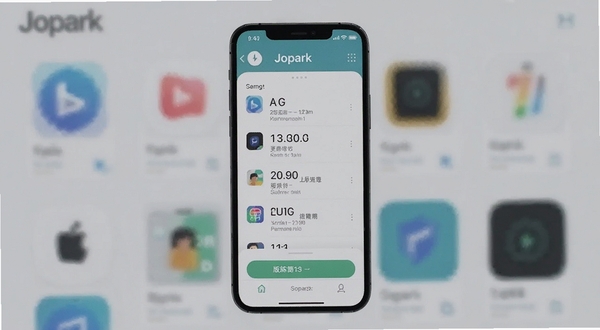 Jopark版本更新界面截图，手机屏幕显示更新日志列表与版本号，背景为简约的软件商店风格，色调柔和