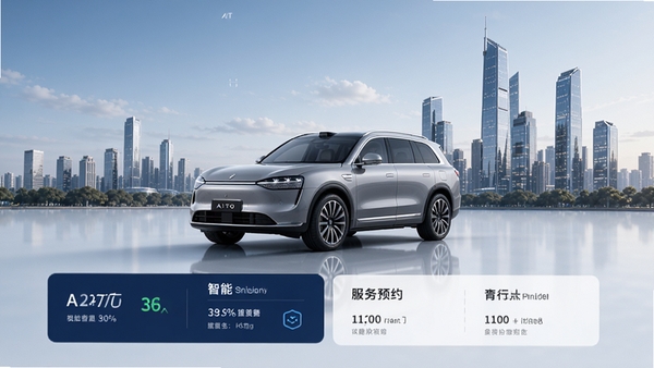 问界服务应用主界面预览图,画面中央展示一辆AITO问界汽车模型,背景为现代都市天际线,界面采用深蓝色与白色搭配,整体风格简洁科技感,突出智能互联与便捷服务主题,手机屏幕显示车辆状态、服务预约等核心功能模块,高分辨率,UI设计精美